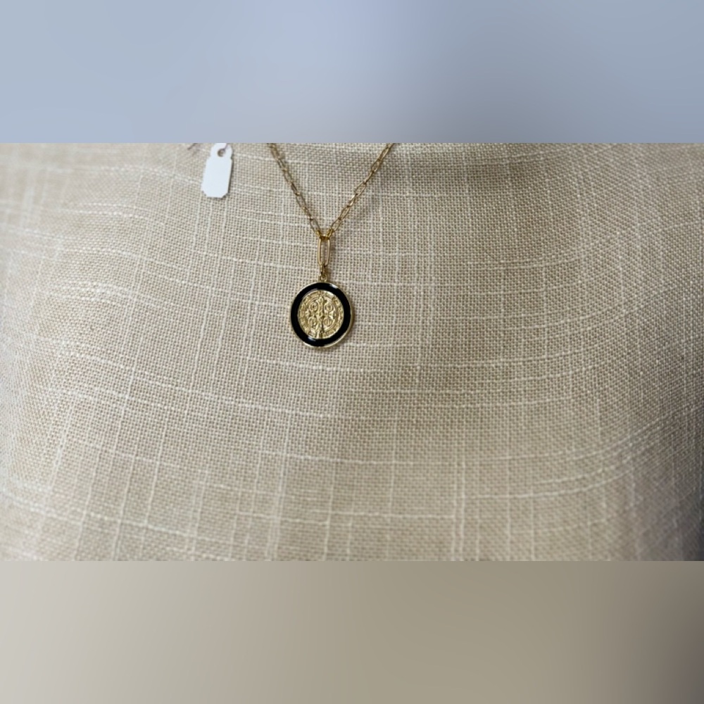 Gold Paperclip Black enamel Coin necklace